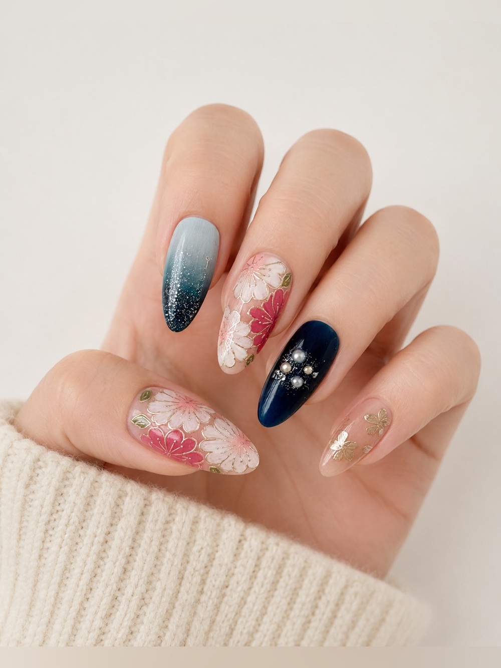 Handmade Sakura Floral Press On Nails with Blue Ombre Glitter /Pearl Rhinestones